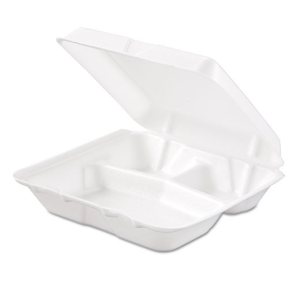 Foam Hinged Lid Containers (White, 3-compartment, 8.38x7.78x3.25)